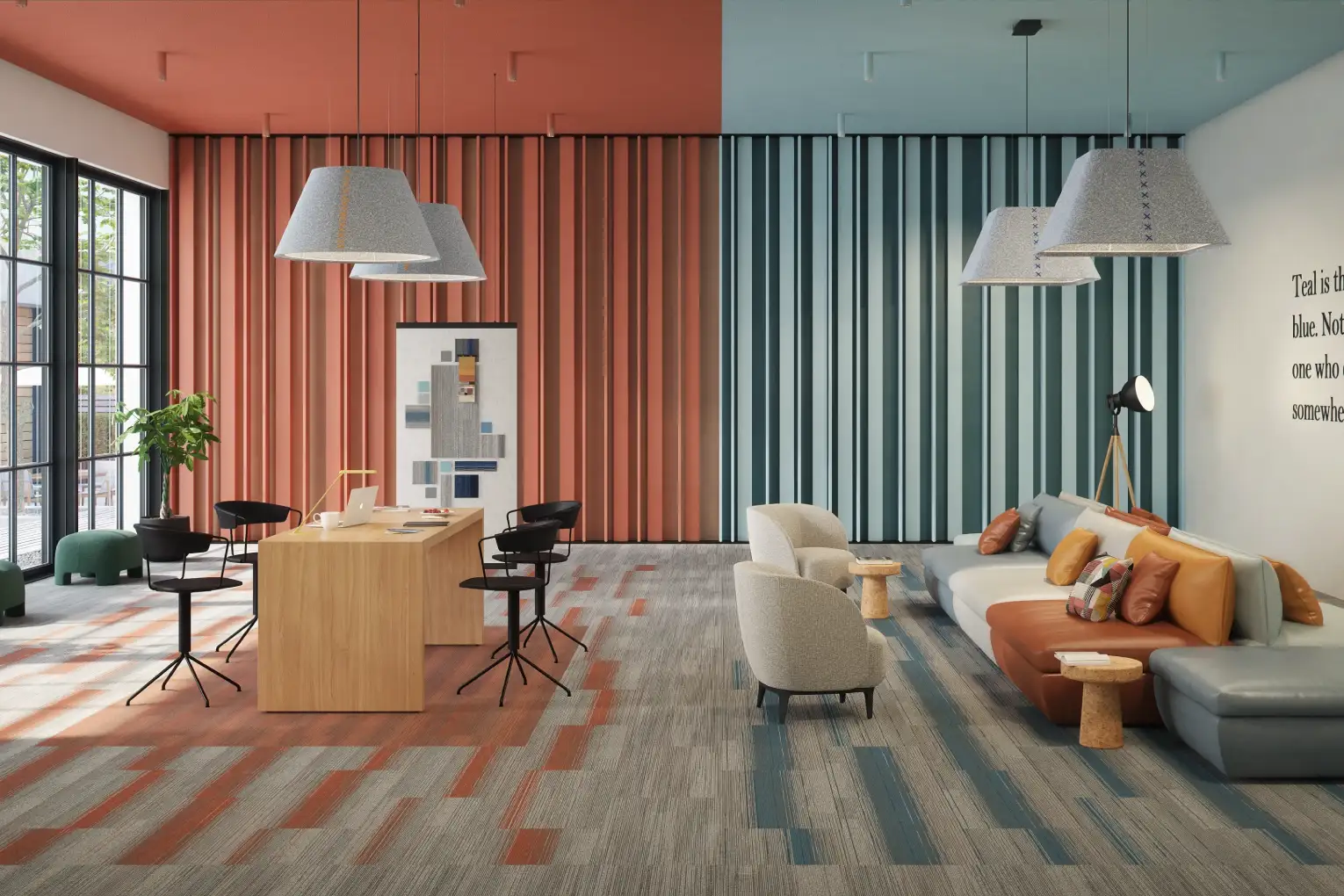 Zonificación visual en espacios abiertos con alfombras modulares